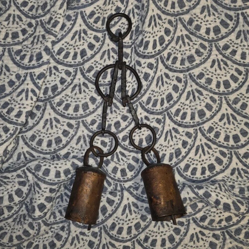 Vintage Style Rustic Metal Cow Bells Pair Hanging Iron Chain Farmhouse Decor
